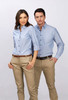 A light blue button-up shirt with 3/4 sleeves, displayed on male and female models, featuring a logo.