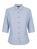 A light blue ladies' button-up shirt with 3/4 sleeves and a collar, featuring a logo on the label.