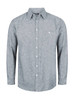 A grey button-up long sleeve shirt featuring a chest pocket and a collar, with a logo on the label.