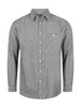 A men's long sleeve button-up shirt in grey with a single chest pocket and a logo on the label.