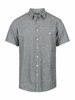 A short sleeve, button-up shirt in a grey, textured fabric with a chest pocket and a logo.