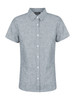A short sleeve shirt in a grey fabric, featuring a button-up front and a collar, with a branding logo.