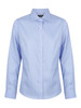 A light blue ladies' long sleeve button-up shirt with a collar and a logo.