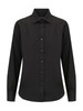 A ladies long sleeve button-up shirt in black with a classic collar and button front. Features a logo branding.