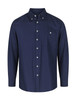 A men's long sleeve button-up shirt in navy blue with a chest pocket and a logo on the shirt.
