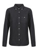 A black ladies' long sleeve button-up shirt with a chest pocket and a branding logo.