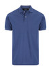 A men's polo shirt in navy blue with a collar and three-button placket, featuring a brand logo.