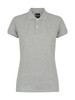 A grey ladies' polo shirt with short sleeves and a collar, featuring three buttons and a logo.