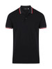 A black polo shirt with red and white striped details on the collar and sleeves, featuring a logo.