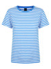A blue and white striped ladies' t-shirt with a round neckline and short sleeves. It features a brand logo.