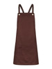 A brown bib apron featuring adjustable straps and a front pocket, with a logo on it.