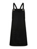 A black bib apron featuring adjustable straps and a front pocket. It has a logo on the side.