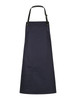 A navy blue bib apron with an adjustable strap and a front pocket, featuring a logo.