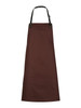 A brown bib apron with a pocket and adjustable strap, featuring a logo at the top.