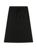 A black waist apron featuring a waistband tie and two front pockets. It has a simple design and includes branding.