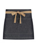 A short waist apron in navy denim with a tan tie, featuring a simple design and pockets. It has a logo.