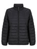 A black ladies' puffer jacket with a stand-up collar and zip closure, featuring quilted padding.