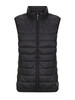A black puffer vest for women featuring a high collar and zip front, with an attached logo.