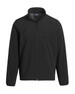 A black soft shell jacket with a zip front and high collar, featuring a logo on the chest.
