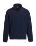 A soft shell jacket in navy blue with a zip front and a stand-up collar. Features a logo on the chest.