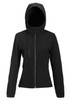 A black soft shell jacket for ladies with a hood and a zippered pocket. Features a logo on the fabric.