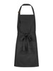 A black bib apron featuring a front pocket and a waist tie, with an adjustable neck strap and a logo.