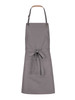A grey bib apron with adjustable straps and a front pocket, featuring a logo on the fabric.