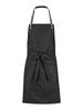 A black bib apron featuring a tie front and a front pocket, with a logo on the upper portion.
