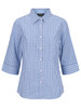 A button-up shirt featuring a blue and white check pattern, with 3/4 sleeves and a collar. It has a logo on the label.