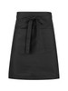 A black waist apron featuring a front pocket and a tie waist. The fabric has a smooth finish and is durable.