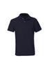 A navy short sleeve polo shirt featuring a classic collar and a logo on the chest.