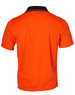 A Hi-Vis short-sleeve safety polo shirt in vibrant orange, featuring a contrasting black collar and logo.