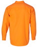 A long-sleeved drill shirt in bright orange, featuring a button-down collar and buttoned cuffs. Includes a brand logo.