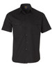 A black short-sleeved cotton work shirt featuring two chest pockets and a logo.