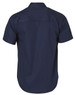 A navy short-sleeve cotton work shirt with a back yoke and one logo.