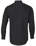 A long-sleeve cotton work shirt in black with a logo on the back.