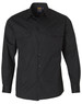 A long-sleeve black cotton work shirt featuring two chest pockets and a button-up front, with a logo on the label.