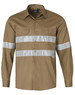 A brown long-sleeve work shirt featuring reflective 3M tape strips and front pockets. Includes a logo.