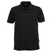A black polo shirt with a collar and buttons, featuring a logo on the side.
