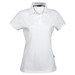 A white ladies' polo shirt featuring a collar and short sleeves, with a branding logo on the side.