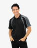 A black polo shirt with grey accents and white piping, designed for a sporty look. Features a collar and buttons.
