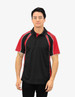A black and red polo shirt featuring contrast panels and a collar. It has a logo on the chest area.