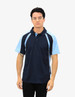 A polo shirt in navy blue and light blue with contrasting panels and a logo on the chest.