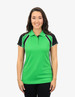 A green polo shirt with black and white accents, featuring a logo. Worn by a model with long hair.