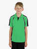 A bright green polo shirt with black accents, featuring a sporty design. The shirt has a logo on it.