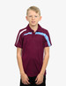 A maroon polo shirt with blue accents, featuring a logo at the chest. Suitable for casual or sporty wear.