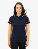 A navy polo shirt for women featuring white piping details and a logo.