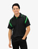 A black polo shirt featuring green accents, designed with a collar and buttons, displayed on a male model.