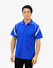 A blue polo shirt featuring white stripes on the sleeves, designed with a collar and buttoned placket.