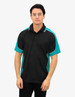 A black polo shirt with teal accents and a logo on the chest, worn by a model standing straight.